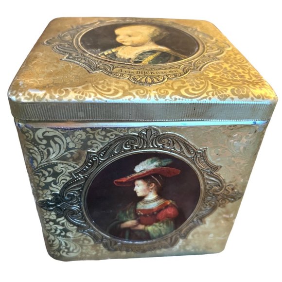 Vtg Embossed Holland Tin Box Old Master Art Hinged Gold Silver READ 4.75" Square - Picture 1 of 16